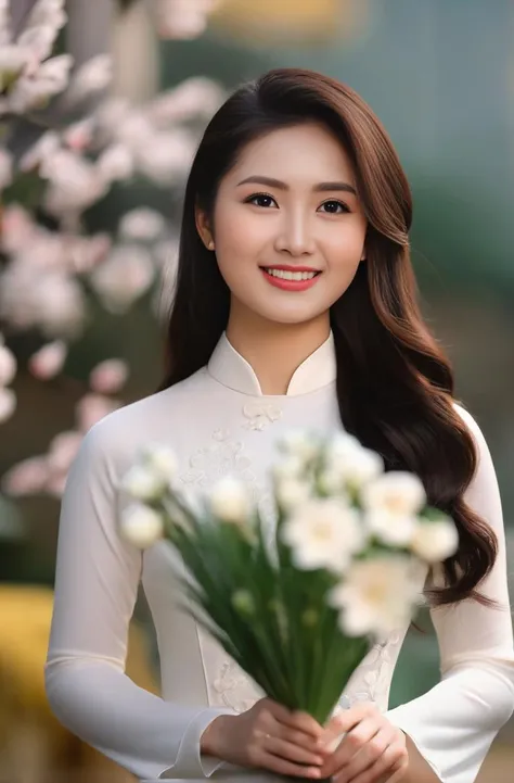 (Masterpiece, best quality, ultra realistic,32k, RAW photo, detail skin, 8k uhd, dslr, high quality, film grain:1.5),1girl, white ao dai, pants,  long hair, looking at viewer, smile, black hair, long sleeves, dress, jewelry, standing, flower, earrings, outdoors, white dress, blurry, black eyes, blurry background, realistic, 16mm film live soft color