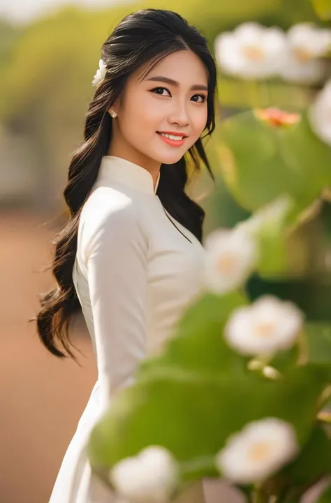 (Masterpiece, best quality, ultra realistic,32k, RAW photo, detail skin, 8k uhd, dslr, high quality, film grain:1.5),1girl, white ao dai, pants, portrait, long hair, looking at viewer, smile, black hair, long sleeves, dress, jewelry, standing, flower, earrings, outdoors, white dress, blurry, black eyes, blurry background, realistic