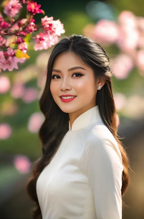 (Masterpiece, best quality, ultra realistic,32k, RAW photo, detail skin, 8k uhd, dslr, high quality, film grain:1.5),1girl, white ao dai, pants, portrait, long hair, looking at viewer, smile, black hair, long sleeves, dress, jewelry, standing, flower, earrings, outdoors, white dress, blurry, black eyes, blurry background, realistic, cinematic