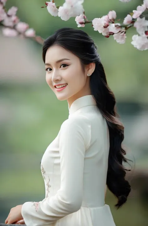 (Masterpiece, best quality, ultra realistic,32k, RAW photo, detail skin, 8k uhd, dslr, high quality, film grain:1.5),1girl, white ao dai, pants,  long hair, looking at viewer, smile, black hair, long sleeves, dress, jewelry, standing, flower, earrings, outdoors, white dress, blurry, black eyes, blurry background, realistic, 16mm film live soft color