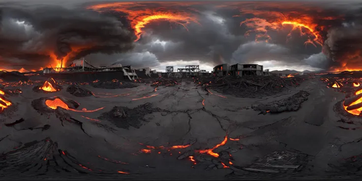 hd,2k,detailer,Create a realistic VR360 image depicting a scene set in a lava apocalypse, moments before the Earth is about to explode. The environment is filled with abandoned, crumbling buildings amid surging lava flows. The landscape is chaotic, with glowing lava illuminating the dark, ash-filled sky. The atmosphere conveys a sense of imminent destruction, showcasing a world on the brink of annihilation. <lora:sanbaro_V2:0.9>