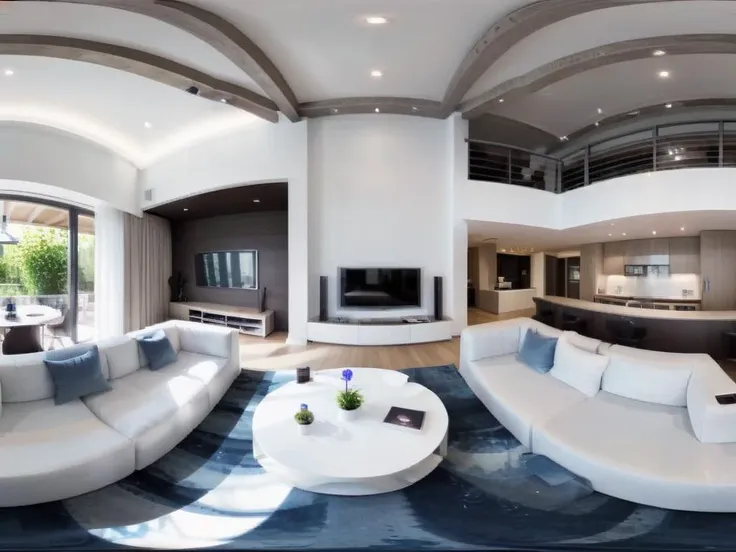 The image is a 360-degree spherical panorama of a contemporary living room that is styled with a mix of modern and natural design elements. The color palette includes white and beige tones, with blue accents coming from a carpet and the rug beneath one of the seating areas. The flooring is made of wood, and there is a white staircase leading to an upper level. In terms of furniture, the room features a large white sofa that can accommodate at least three people, as well as additional seating including a white sofa and two black and white armchairs. The layout is organised so that the seating areas face one another, with the blue area rug centered between them. On one side of the room, there's a table with a bottle and a bowl on it, and there are two vases in the room, one on the table and the other on the floor. Decorating the walls, artwork and several pictures provide visual interest, with a notable large black and white painting on the wall opposite the sofa and armchairs. The living room includes potted plants adding a touch of greenery, and on the back wall, there is a prominent large aquarium. Exposed beams cover the ceiling, and numerous lamps affixed to the ceiling and walls illuminate the space. <lora:sanbaro:0.8>