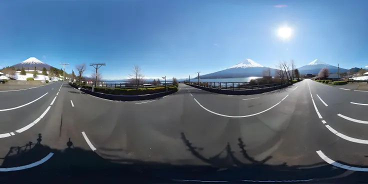 1 mountain ,(solo),Create a realistic, panoramic image for VR360 viewing. The scene depicts a tranquil and picturesque landscape with the majestic, snow-capped Mount Fuji in the background, occupying a significant portion of the image. In the foreground, a straight, open road stretches out, offering a clear view towards the mountain. Surrounding the road are a few low-rise buildings, set in a serene environment. The setting is calm and visually stunning, perfect for immersive VR viewing. <lora:sanbaro:0.85>