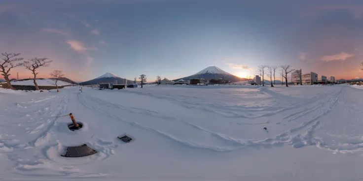 hd,2k,detailer,Create a realistic VR360-style image featuring a tranquil and picturesque landscape with Mount Fuji in the background, covered in snow. In the foreground, a straight and empty road extends towards the mountain, offering a clear view of its snowy peak. Surrounding the road are a few low-rise buildings. The image should focus prominently on Mount Fuji, capturing a significant portion of the scene. The setting sun casts a warm, reddish hue over Mount Fuji, enhancing the serene atmosphere of the evening. <lora:sanbaro_V2:0.9>