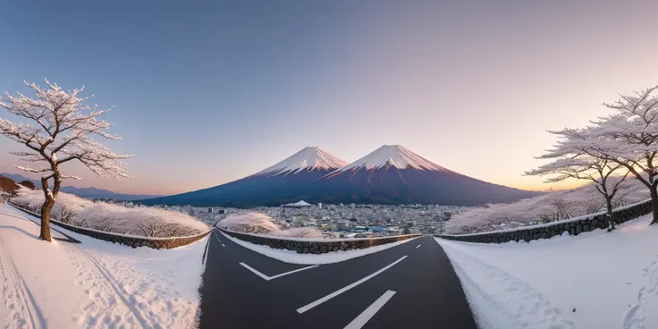 1 mountain ,(solo),Create a realistic VR360-style image featuring a tranquil and picturesque landscape with Mount Fuji in the background, covered in snow. In the foreground, a straight and empty road extends towards the mountain, offering a clear view of its snowy peak. Surrounding the road are a few low-rise buildings. The image should focus prominently on Mount Fuji, capturing a significant portion of the scene. The setting sun casts a warm, reddish hue over Mount Fuji, enhancing the serene atmosphere of the evening. <lora:sanbaro2:0.85>