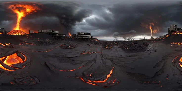 hd,2k,detailer,Create a realistic VR360 image depicting a scene set in a lava apocalypse, moments before the Earth is about to explode. The environment is filled with abandoned, crumbling buildings amid surging lava flows. The landscape is chaotic, with glowing lava illuminating the dark, ash-filled sky. The atmosphere conveys a sense of imminent destruction, showcasing a world on the brink of annihilation. <lora:sanbaro_V2:0.9>