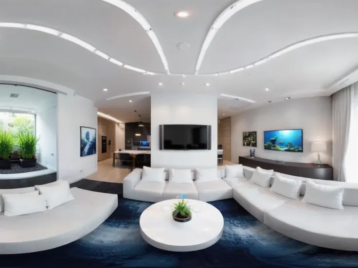 The image is a 360-degree spherical panorama of a contemporary living room that is styled with a mix of modern and natural design elements. The color palette includes white and beige tones, with blue accents coming from a carpet and the rug beneath one of the seating areas. The flooring is made of wood, and there is a white staircase leading to an upper level. In terms of furniture, the room features a large white sofa that can accommodate at least three people, as well as additional seating including a white sofa and two black and white armchairs. The layout is organised so that the seating areas face one another, with the blue area rug centered between them. On one side of the room, there's a table with a bottle and a bowl on it, and there are two vases in the room, one on the table and the other on the floor. Decorating the walls, artwork and several pictures provide visual interest, with a notable large black and white painting on the wall opposite the sofa and armchairs. The living room includes potted plants adding a touch of greenery, and on the back wall, there is a prominent large aquarium. Exposed beams cover the ceiling, and numerous lamps affixed to the ceiling and walls illuminate the space. <lora:sanbaro:0.8>