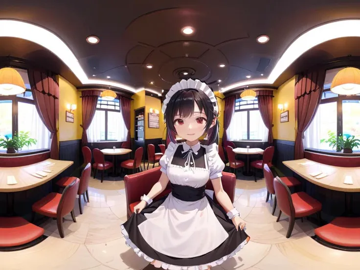 Create an anime-style VR360 image depicting a maid café. The scene should be vibrant and lively, featuring multiple tables with patrons being served by waitresses in traditional maid outfits. The interior design of the café should include cute, thematic decorations typical of a maid café, such as frilly curtains, plush furniture, and themed wall art. Ensure that the left and right sides of the image seamlessly connect to form a continuous loop, enhancing the immersive 360-degree experience. The atmosphere should be cheerful and inviting, with detailed expressions on characters to reflect a pleasant café environment. <lora:sanbaro:0.65>