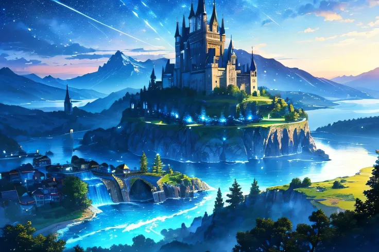 (masterpiece,more detail:1.1, best quality:1.3), (scenery:1.3), blue theme, sky, castle, lake, starry sky, night,