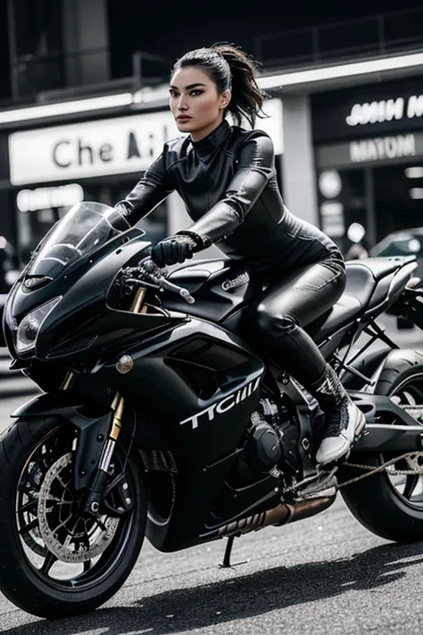 graceelizabeth woman masterpiece, concept art, highly detailed, (black and white), mid shot, centered, dynamic angle, woman on motor bike, cyberpunk theme, stylish, stylish hair, Cafe background, Volumetric lighting, depth of field, focused shot, (epic composition, epic proportion), Award winning, HD