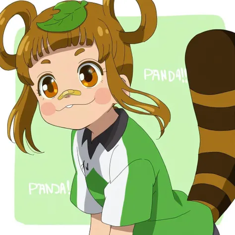 bandaind on noise, bandaid, bandaid on face, brown hair, bandaid on nose, tail, hair rings, brown eyes, raccoon tail, leaf on head, 1girl, tanukigahara ponko