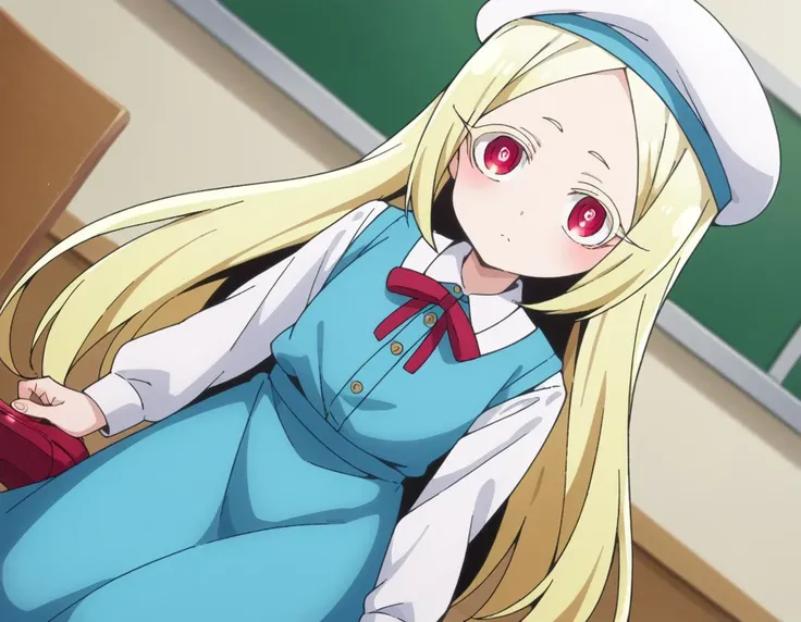score_9, score_8_up, score_7_up, source_anime,
morinokorisu, <lora:morino-korisu-ponyxl-lora-nochekaiser:1>
morino korisu, long hair, blonde hair, red eyes, very long hair, bright pupils,
shirt, long sleeves, hat, dress, white shirt, pantyhose, shoes, blue dress, beret, white headwear, red footwear, mary janes,
indoors, classroom,
looking at viewer, dutch angle, cowboy shot