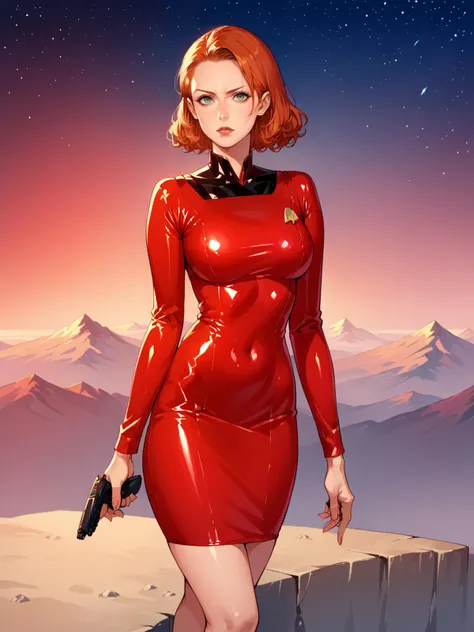 score_9, score_8_up, score_7_up, score_6_up, 1girl, ginger hair, large breasts,  <lora:st4rtr3kXLP:0.9> latex, st4rtr3k, dress, red, black, star trek, gun,  <lora:Black_Magic_Steering:1> source_anime