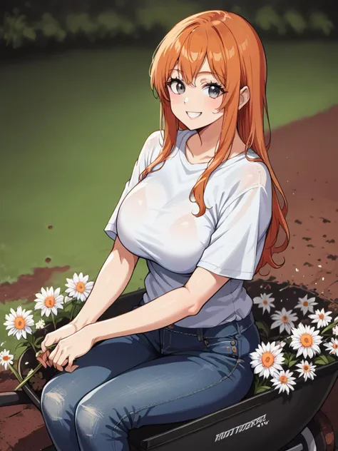 1girl, long hair, smile, <lora:Black_Magic_Steering:1> source_anime, large breasts, ginger hair, grey eyes, cel shading,  <lora:gr0wXLP:0.5> dirty, flowers, gr0w, jeans, shirt, wheelbarrow, sitting