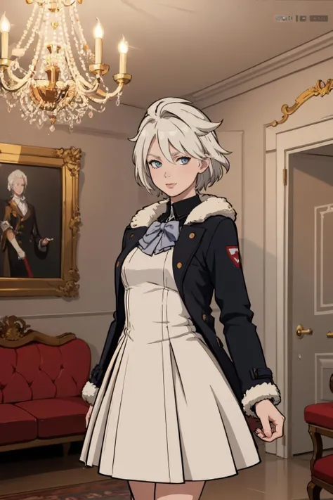 (masterpiece, best quality:1.2), <lora:hifirush:.9>, hifirush, 1girl, solo, white hair, dress, coat, looking at viewer, arms behind back, indoors, chandelier, blurry background,