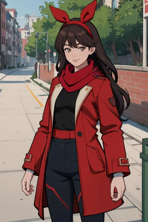 (masterpiece, best quality:1.2),  <lora:hifirush:.9>, hifirush, 1girl, solo, long hair, scarf, black hair, coat, red hairband, brown eyes, white scarf, outdoors, looking at viewer, red coat, bangs, closed mouth, smile, long sleeves, day