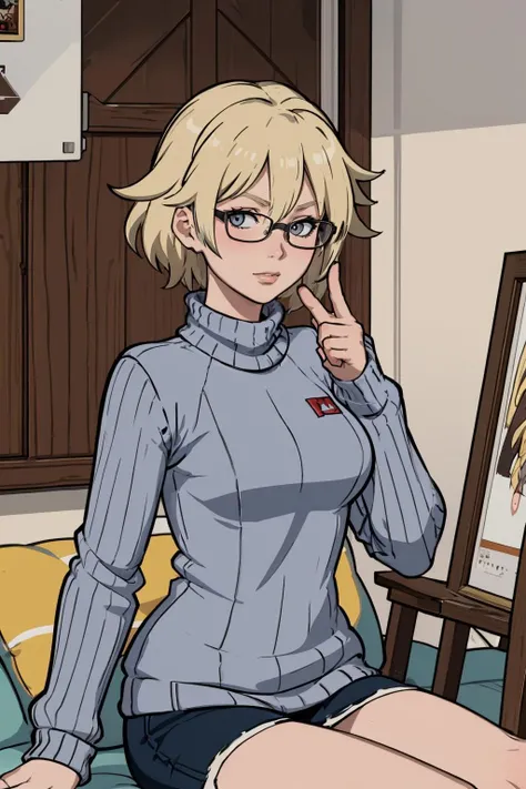 (masterpiece, best quality:1.2),  <lora:hifirush:.9>, hifirush, 1girl, solo, medium hair, blonde hair, sitting, sweater, portrait, glasses, indoors, looking at viewer,