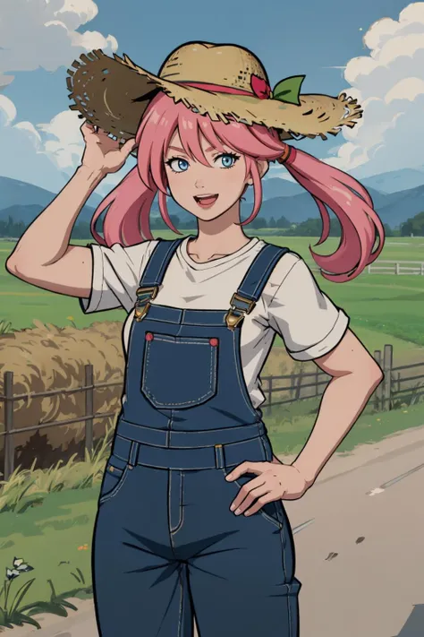 (masterpiece, best quality:1.2), <lora:hifirush:.9>, hifirush, 1girl, solo, twintails, pink hair, hat, long hair, overalls, smile, straw hat, outdoors, long hair, open mouth, looking at viewer, shirt, day, white shirt, sky, cloud, blue eyes, farm, pants, muscular,