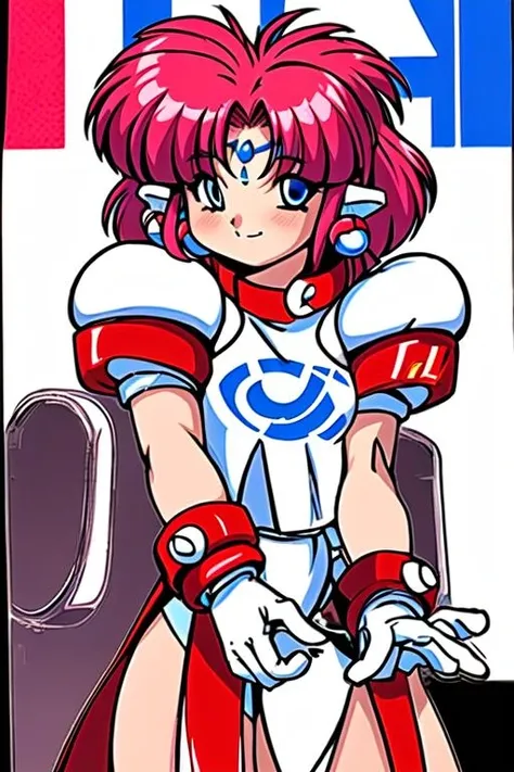 <lora:yuuri(GOD)_2023_10_23_step_001_fin:1>\yuuri(GOD)\,1girl, gloves, blue eyes, cape,facial mark, forehead mark, red hair, short sleeves, red cape, smile, standing, 1990s (style), puffy sleeves, white gloves, bare legs, long hair, pointy ears, retro artstyle, pink hair, shoes, short hair , Good quality