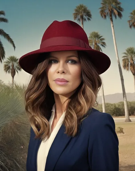 KateBeckinsale, photograph, Warmcore, Blue Textile (Woman:1.1) , Quilting, wearing Hemp dark red Homburg hat, Phenomenal The comb-over fade hairstyle, Palm tree in background, FOV 90 degrees, Realistic, surreal, film grain, Fujifilm XT3, F/2.8, art by George Underwood,art by Cliff Chiang,  <lora:KateBeckinsaleSDXL:1>