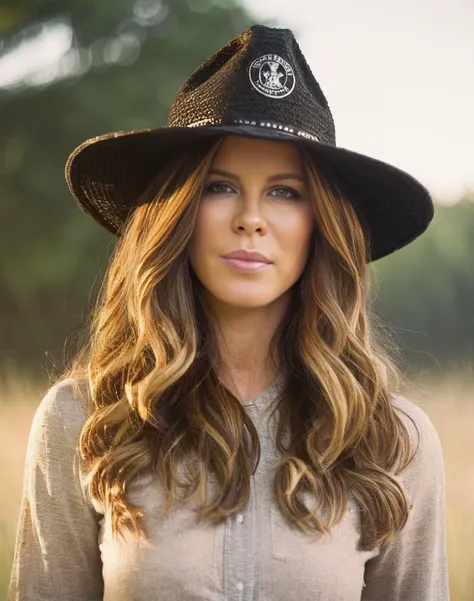 KateBeckinsale, photograph, burly Female, Patches, Witch Hat, Trucker hat, at Golden hour, Impressionism, film grain, Canon 5d mark 4, Selective focus, <lora:KateBeckinsaleSDXL:1>