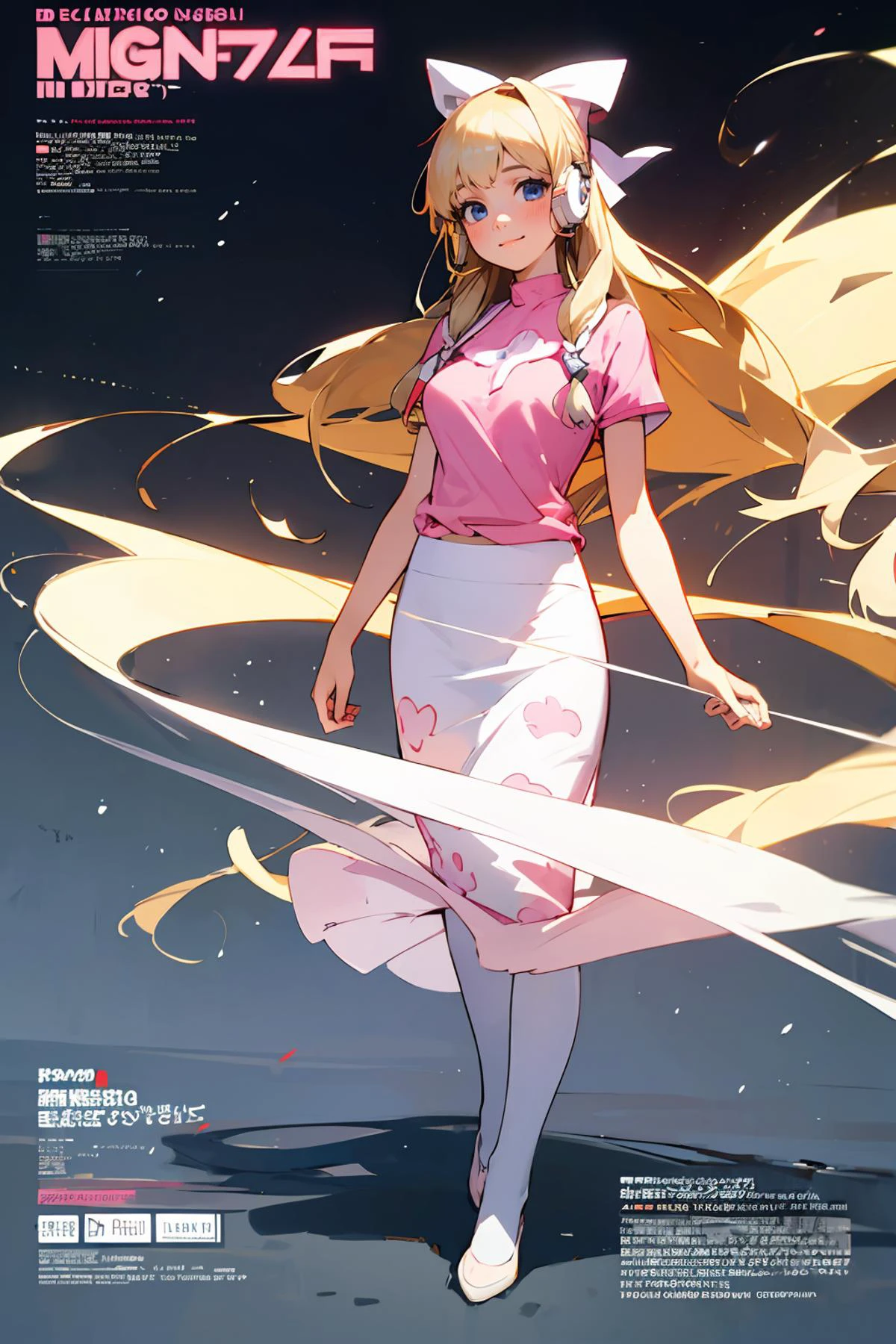 8k high quality detailed,highres,anime,comic,detailed image,
(an illustration of a age girl posing,(an illustration of girl,teengirl)),(magazine_illustration),
(,kamio misuzu,1girl,long hair,blonde hair,long side hair,white bow in hair,blue eyes,medium breasts),(Forced Smile),detailed_face,
((Walking along a path, holding a lantern, creating an enchanting and magical scene,):0.8),
((, ruanyi0153,d.va \(overwatch\),bunny print,english text,pink shirt,pencil skirt,white_pantyhose):0.85),(,realistic clothing texture,realistic_skin_texture),<lora:kamio misuzu:0.6>,<lora:0153 D.VA DLC_v1:0.6>,<lora:more_details:0.2>
