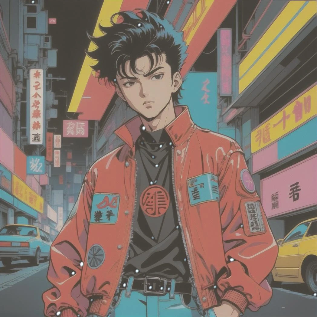 <lora:Astarion XL:1> haute couture in the style of 90's vintage anime, neon, akira. anime line art.