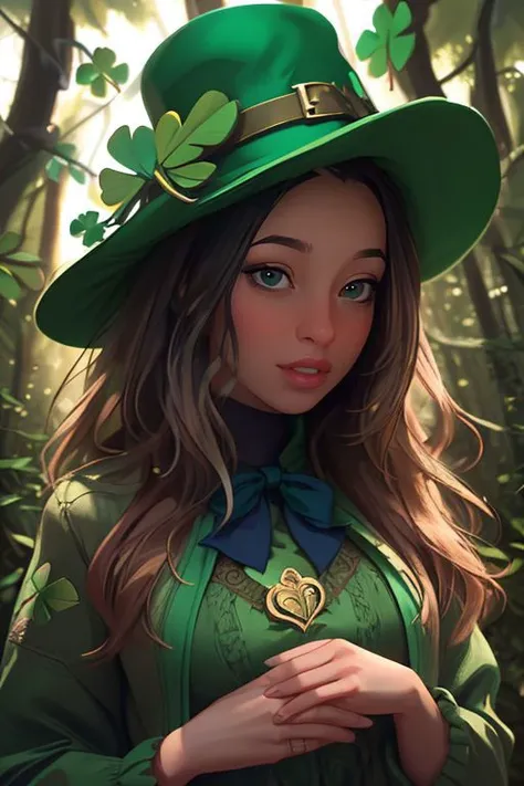 (cowboy shot:1.8), (((Cute female leprechaun smiling,Her facial features are very beautiful,Pointy ears and charming eyes,Complements flowing hair))),Rainbow and cauldron filled with clovers and coins ,geometry,portrait, art bookstore, Chibi,
Yang08k, beautiful, dyeing,
Obras, highest quality, best quality, official art, beautiful and Aesthetic,