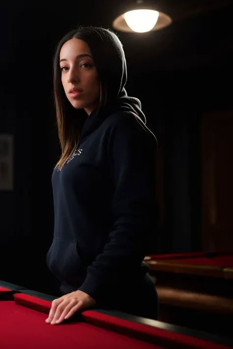 DEN_martina_finocchio,
playing snooker in a dark atmospheric pool hall wearing casual clothing and a hoodie, atmospheric, snooker, cue, playing snooker, leaning over the table,
bokeh, f1.4, 40mm, photorealistic, raw, 8k, textured skin, skin pores, intricate details  <lora:epi_noiseoffset2:1>, epiCRealism <lora:ClothingAdjuster3:-0.8>