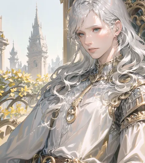 griffith,1boy,solo,<(masterpiece, realistic:1.3)>,  <Baroque, Rococo,(loose dress:1.3), Silver embroidery>,curly hair, mature male,muscular,Modern art illustration,CG ,8k,In heaven garden, Courtyards, white buildings, gardensSilver belt,close up