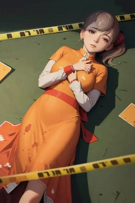 highres, masterpiece, perfect lighting, <lora:floralayton:1>, 1girl, (floralayton:1.1), (crime scene:1.6), looking at viewer, orange dress,