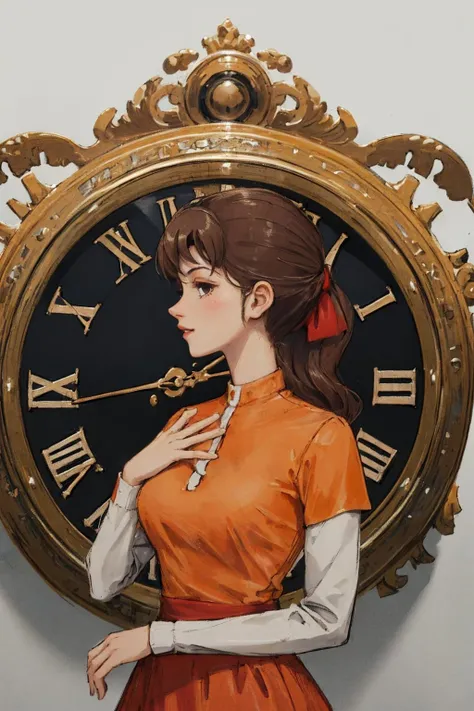 highres, masterpiece, perfect lighting, <lora:floralayton:0.95>, (floralayton:1.1), orange dress, simple background, black background, looking at viewer, clock,