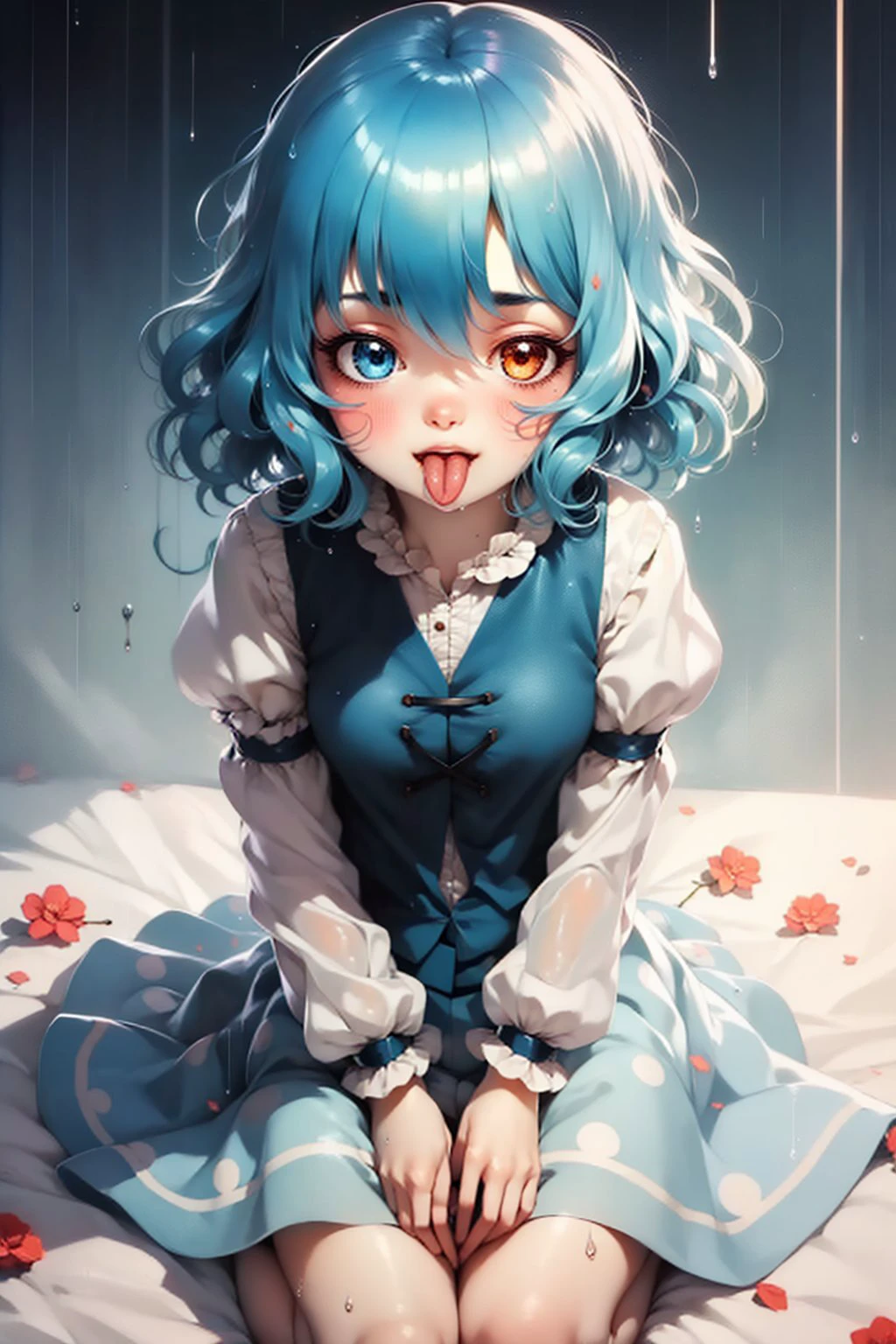 (masterpiece, best quality:1.2), <lyco:touhou_tatara-14:1.0>, cloudy, raining, foggy, solo, 1girl, tatara kogasa, shiny skin, wet skin, smile, tongue out, looking at viewer, seiza, heterochromia, blue vest, shirt, puffy sleeves, long sleeves, skirt