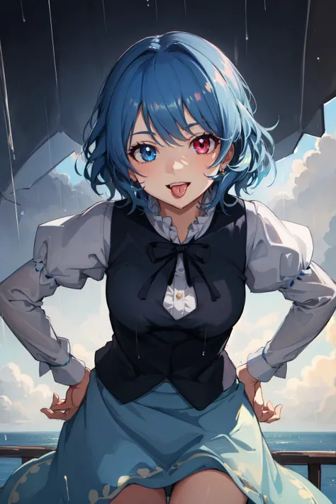 (masterpiece, best quality:1.2), <lyco:touhou_tatara-14:1.0>, cloudy, raining, foggy, cowboy shot, solo, 1girl, tatara kogasa, smile, tongue out, looking at viewer, leaning forward, hands on hips, heterochromia, blue vest, shirt, puffy sleeves, long sleeves, skirt