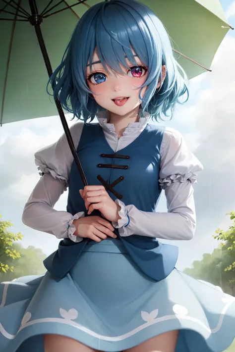 (masterpiece, best quality:1.2), <lyco:touhou_tatara-14:1.0>, cowboy shot, solo, 1girl, tatara kogasa, smile, tongue out, looking at viewer, holding umbrella, blue hair, heterochromia, blue eyes, red eyes, vest, shirt, puffy sleeves, long sleeves, skirt, raining, foggy