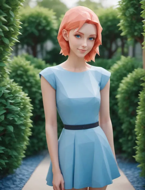 photoshoot, beautiful cute shy (skinny) woman with smooth natural skin and (smiling:0.7) ,  formal hedges and a fountain, bokeh.  [undercut|punk] [blonde:redhead:.4] hair,   (<lora:low_poly_count:7.5> low poly light blue dress),