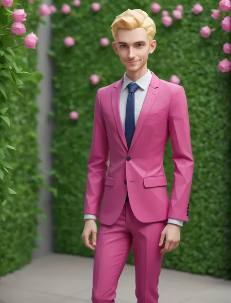 photoshoot, full body shot, from above, handsome shy   (skinny) man with  smooth natural skin and (smiling:0.7) , spring garden background with small formal hedges, bokeh.  [undercut|punk] [blonde:vanilla-blonde:.2] hair,   (<lora:low_poly_count:6.5> low poly count  bright pink suit and tie),