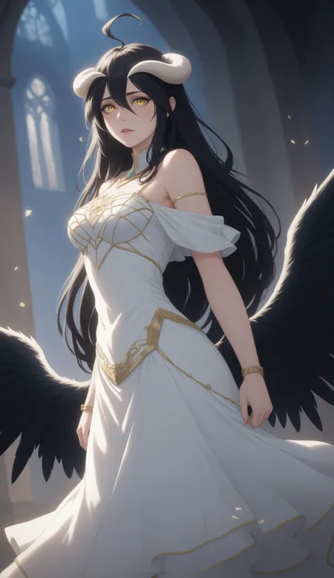 cinematic film still stunning anime artwork, concept art albedo, highres, sharp focus, pixiv masterpiece, ((intricate details)), highly detailed, 1girl, black wings, white dress with gold,(white horns:1.4), albedo_overlord, black hair, yellow eyes, (low wings,:1.1),( front view:1.2), upper body, castle on background <lora:albedo:0.8>,
anime style, key visual, vibrant, studio anime, highly detailed, Long exposure photo of photo, woman, highly detailed, medium shot, 35mm, RAW, photoshoot, grit, texture, perky, (bleached, faded, cross processing, film grain, filmic:1.2),
rainbow style, (highlight in bright eyes:1.2) kodak ektachrome kodak, pale skin, film overlay filter . Blurred motion, streaks of light, surreal, dreamy, ghosting effect, highly detailed, undefined . shallow depth of field, vignette, highly detailed, high budget, bokeh, cinemascope, moody, epic, gorgeous, film grain, grainy