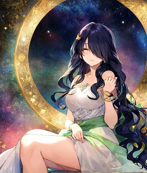 <lora:hairOverEyesLoraStyle_v1:1.1>, hi res, masterpiece, a beautiful woman sitting on a crescent moon, long wavy black hair,, hair over eyes, stars, magical, dreamy, mysterious, starry night sky, alphonse mucha,