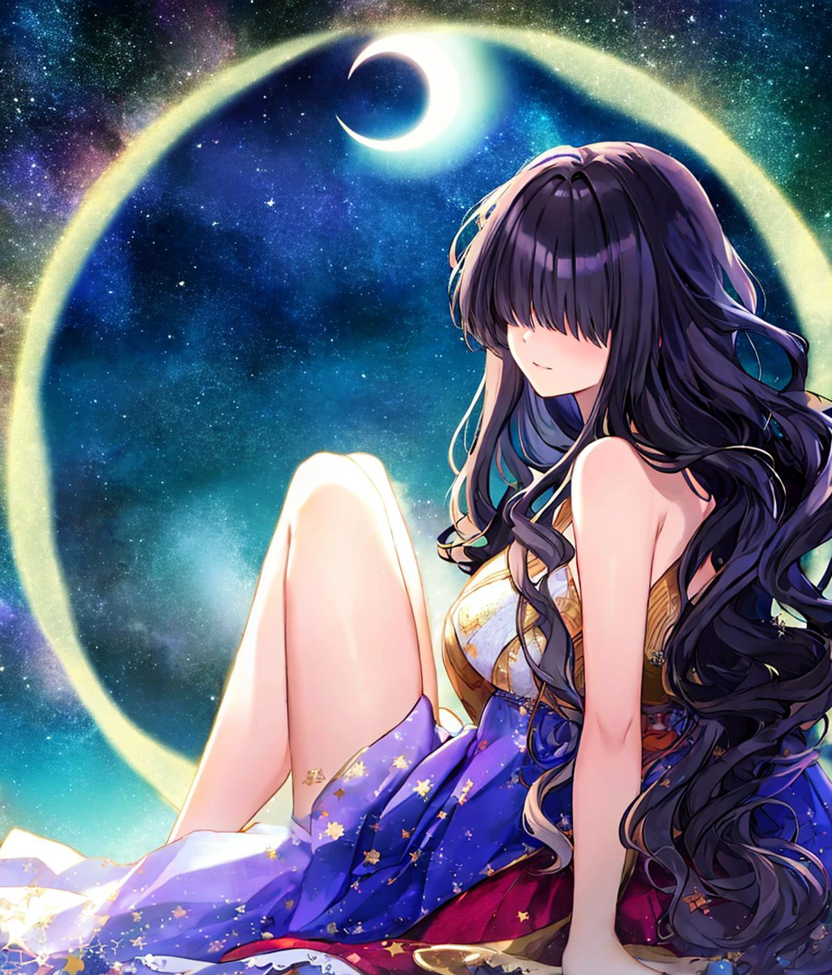 <lora:hairOverEyesLoraStyle_v1:1.1>, hi res, masterpiece, a beautiful woman sitting on a crescent moon, long wavy black hair,, hair over eyes, stars, magical, dreamy, mysterious, starry night sky, alphonse mucha,