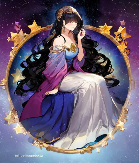 <lora:hairOverEyesLoraStyle_v1:1.1>, hi res, masterpiece, a beautiful woman sitting on a crescent moon, long wavy black hair,, hair over eyes, stars, magical, dreamy, mysterious, starry night sky, alphonse mucha,