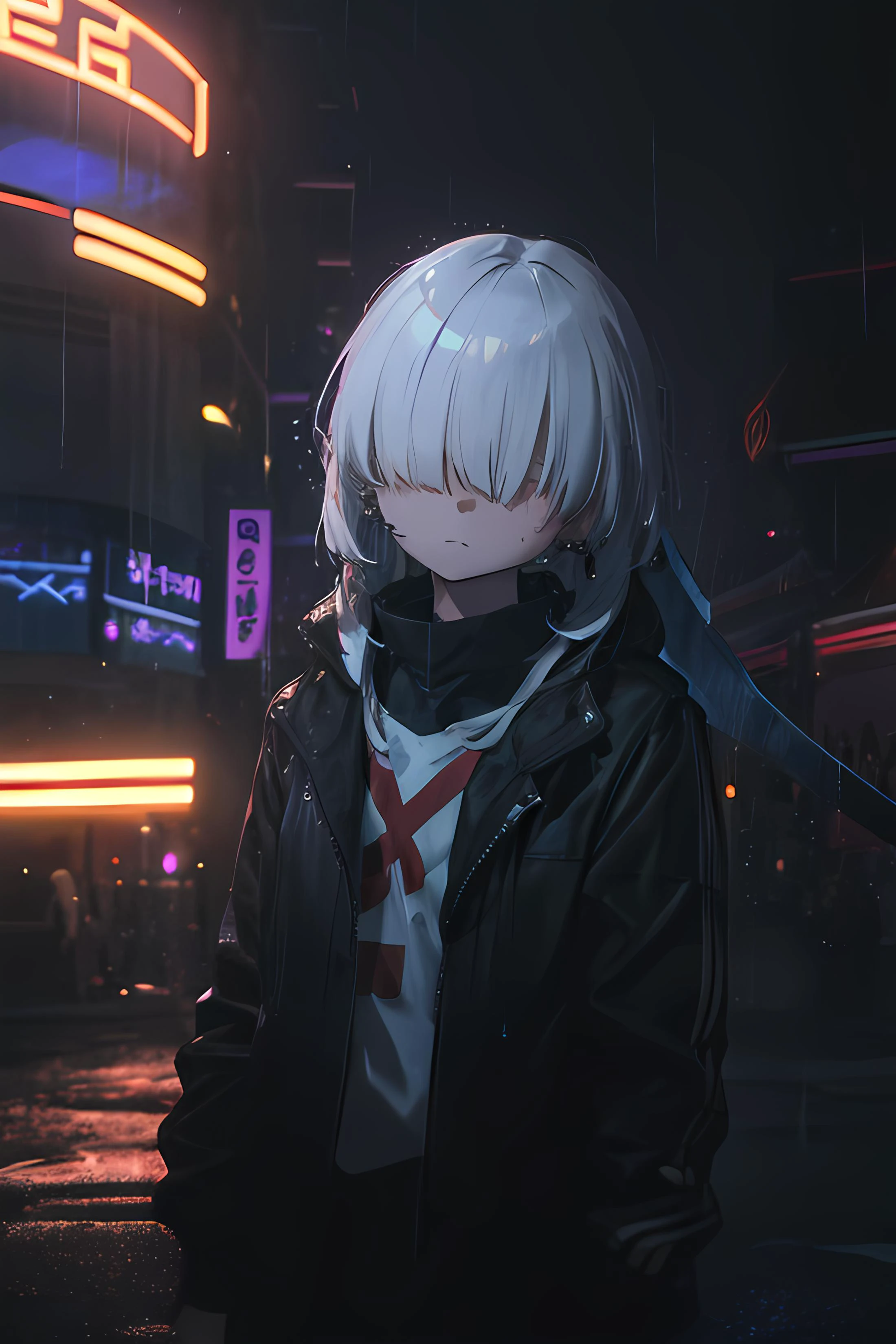 LowKeyLights,1girl,solo,long hair,looking at viewer,bangs,shirt,white hair, messy hair, hair covering eyes, hair over eyes, bangs over eyes,jewelry,closed mouth,jacket,upper body,earrings,outdoors,black jacket,head tilt,night,glowing,piercing,cross,building,ear piercing,rain,scythe,cross earrings,neon lights, cinematic lighting, absurdres, volumetric lighting, masterpiece <lora:low_key_lights_SD (1):1> <lora:hair_over_eyes:0.8>