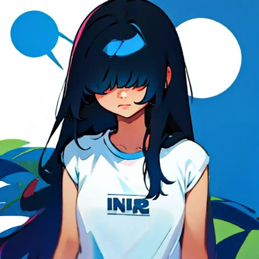 1ns4, 1girl, <lora:insanime_EF-10:1>, , bare arms, white shirt with blue details, <lora:face - hair over eyes:2>, hair over eyes, black long hair