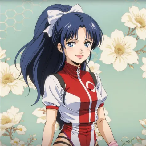 masterpiece,best quality,solo,floral background,
<lora:kazumiamano002:0.7>,looking at viewer,smile,
kazumiamano,1girl,
long hair,high ponytail,hair ribbon,blue hair,sidelockseyelashes,blue eyes,lipstick,
short sleeves,leotard under clothes,
wristband,