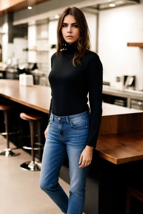 <lora:Cara Delevingne:0.75>,(brunette:1.3),crdl,turtleneck,jeans,at distance, cinematic