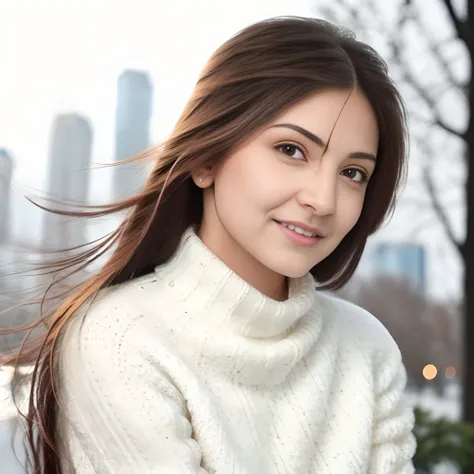 a portrait photo of a woman, anushkasharma, wearing a white turtleneck sweater. looking at camera, city light bokeh, hyper realistic, lifelike texture, <lora:ASharma1:1.0>