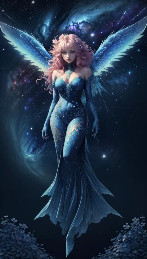 ((best quality, masterpiece, ultra-detailed)), (full body:1.5), (paper cutting), (floating hair), (flowing), ((depth of field)), ((ink sketch)), (starcloud), starry night sky, Nebula Stream, aurora,
1girl, beautifuldetailedeyes, long hair,(alternate hairstyle), ultra detailedhair, crystal clear, ((fantasy)), ((elegant)), ((charming)), (delicate)), ((pretty), ((cute)), flowers, ((petals)),
character in the center of the frame, ((rhythm)), (colored inks), ((colorful background, huge galaxy)), confident, (wings, dark blue, shine),
<lora:electricitylight:0.2>,<lora:demo_girl:0.2>, <lora:add_detail:0.4>, <lora:2dhxWings_v1.4:0.5>,