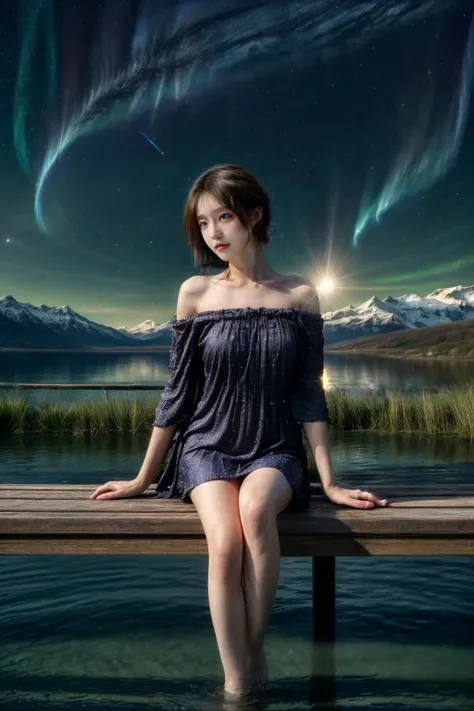 On the night of Tanabata,a woman looks at the bright moon, The moonlight caressed her gentle face,and starlight dotted the dark sky. The bridge formed by a flock of magpies looms in the darkness,emitting a subtle glow. The contrast between light and shadow creates a romantic atmosphere. Masterpiece,super detailed,best quality,<lora:add_detail:1>,<lora:æ³å
:0.1>ï¼auroral,reflection, scenery, sky, star \(sky\), no humans, mountain, starry sky, outdoors, night, night sky, water, lake
<lora:GAæå
:0.3>,
1girl,full body,solo,Colorful silk Sheer Sleeve Dress,
Layered Cut brown hairs,wavy hair,<lora:头åé¿åº¦:-1>,<lora:hairdetailer:0.5>,
light particles,(lens flare:1.2),<lora:KiraKiraEffect_v1:0.2>,
realistic skin diffusion,
(FACE:<lora:WangXiaoJia:0.5>,<lora:空æä¿¡é¸½:0.6>),a shy smill,