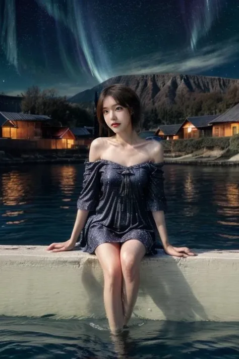 On the night of Tanabata,a woman looks at the bright moon, The moonlight caressed her gentle face,and starlight dotted the dark sky. The bridge formed by a flock of magpies looms in the darkness,emitting a subtle glow. The contrast between light and shadow creates a romantic atmosphere. Masterpiece,super detailed,best quality,<lora:add_detail:1>,<lora:æ³å:0.1>ï¼auroral,reflection, scenery, sky, star \(sky\), no humans, mountain, starry sky, outdoors, night, night sky, water, lake 
<lora:GAæå:0.3>,
1girl,full body,solo,Colorful silk Sheer Sleeve Dress,
Layered Cut brown hairs,wavy hair,<lora:å¤´åé¿åº¦:-2>,<lora:hairdetailer:0.5>,
light particles,(lens flare:1.2),<lora:KiraKiraEffect_v1:0.2>,
realistic skin diffusion,
(FACE:<lora:WangXiaoJia:0.6>,<lora:ç©ºæä¿¡é¸½:0.6>),a shy smill,