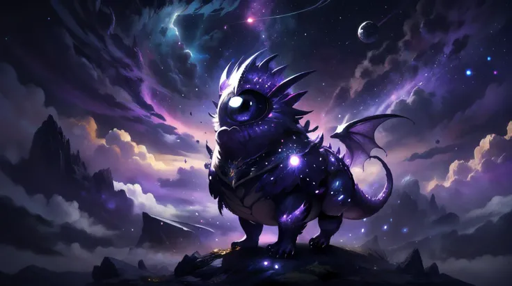 (masterpiece, best quality, fullscreen), [(full body:0.9)::0.3] portrait (photo of a whole magnificent fat [magical being:creature:0.6] with a single giant empty eye:1.3), <lora:EYES blackeyes-v1:0.4>, (Cloudy purple night sky Skin texture:1.2),(no mouth:1.4), (two feets:1.2) and (two hands:0.8), long legs, (no Long Horns:0.6), organic feeling, (Wormlike body shape:1.1), (Dragon head:1.1), (two Webbed Appendages:1.1), (Phoenix Wings:0.8), (Curiosity posture:0.9), (<lora:EFFECT PsionicMagic:0.3> psionicmagic and MANA FLOW and SHIMMERS and PSYCHIC ENERGY), <lora:MONSTER CuteCreatures:0.6> Cu73Cre4ture, (background inside a dark rift with some visible night sky), (<lora:LIGHT Light and Shadow:0.2> starry, strry light, night, colorful:1.4), <lora:BACKGROUND Starcloud:0.2>, <lora:QUALITY Space - [Background] - Version 1:0.1>, , (look at the viewer:1), <lora:SLIDER muscle_slider_v1:-0.5>, <lora:SLIDER weight_slider_v2:0.5>, <lora:LIGHT NOISEOFFSET_V2_BY_STABLE_YOGI:0.3> two-tone, <lora:LIGHT kkw-HDR-v1.0a:0.4> kkw-HDR, <lora:QUALITY kkw-better-v1.0a:0.6>, <lora:QUALITY add_detail:0.5>, , (Full body Shot, Shallow Focus Shot, Low Angle Shot:[1.2:0.5:0.1]), heavily detailed, eerie, fairytale, (asymmetric composition:1.3), (sharp focus), , (no humans), ntricate, elegant, highly detailed, digital painting, artstation, concept art, matte, sharp focus, illustration, octane render, unreal engine, photography